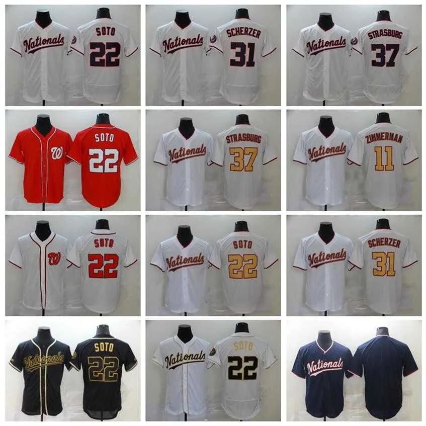 Hombres Béisbol en blanco 22 Juan Soto Jerseys 11 Ryan Zimmerman 37 Stephen Strasburg Azul marino Blanco Negro Equipo Todo cosido Flexbase Base fresca Transpirable Buena calidad