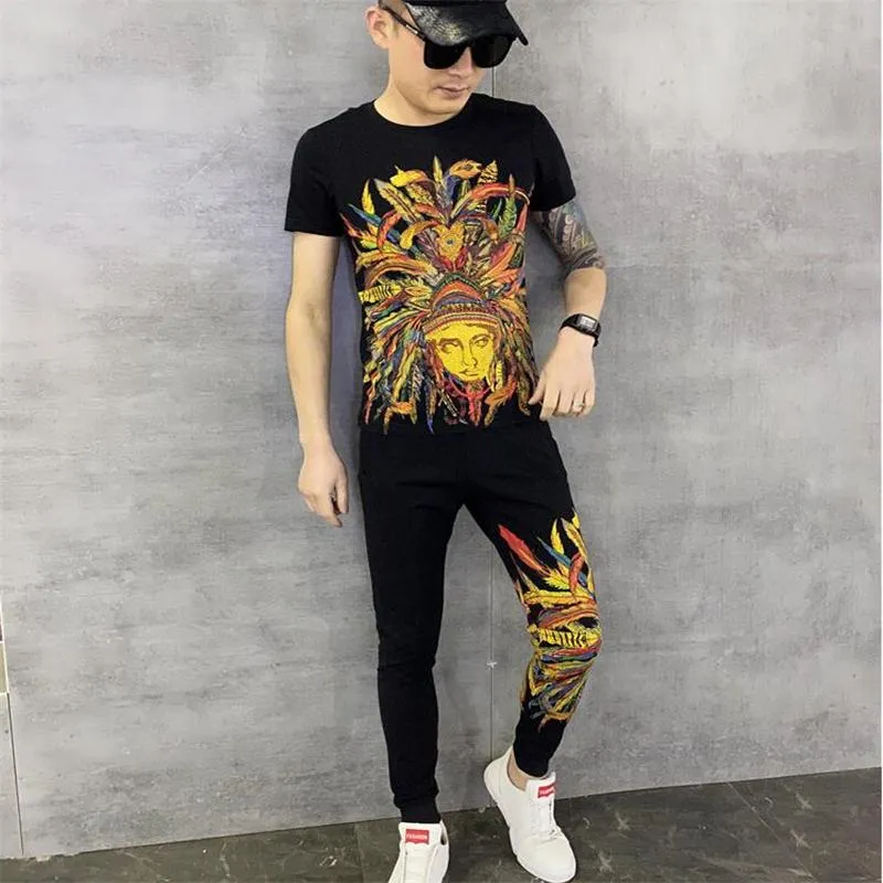 Men's Tracksuits Summer Men's Fashion Sportswear Personality Pattern Tight Diamond Brand T-shirt Jogging Pants Slim 2-piece SetMen's