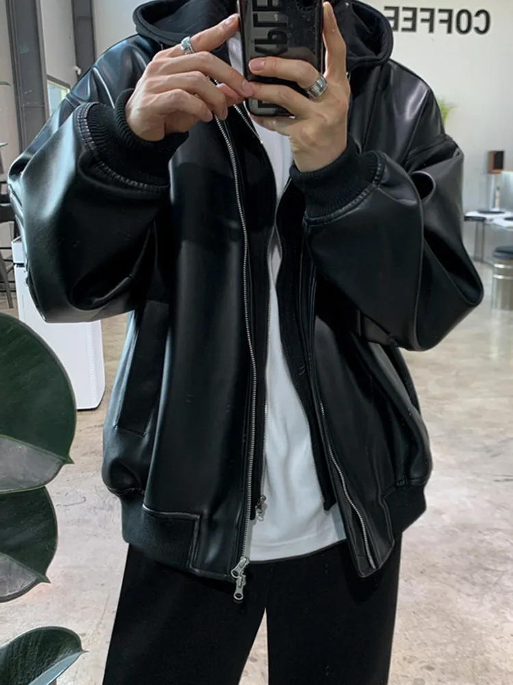 IEFB Mens Splicing Black Hooded Puffer Korean Loose Fit PU IEFB Mens Splicing Black Hooded Puffer Korean Loose Fit PU