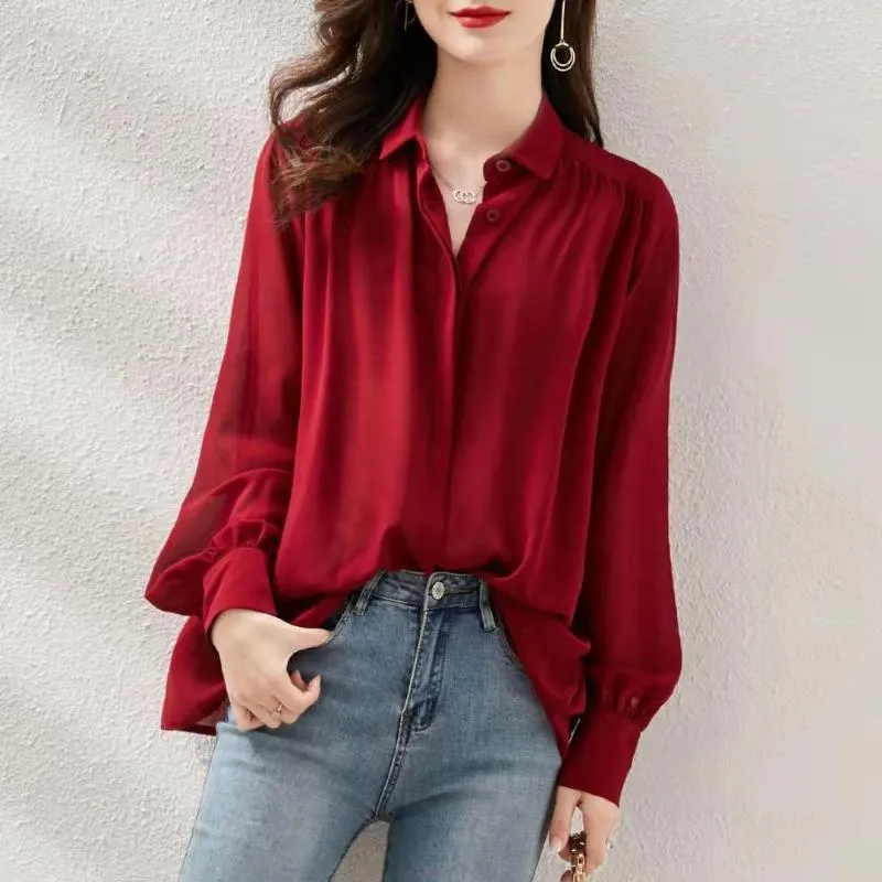 Blouses -shirts voor vrouwen blusas mujer de moda 2022 lange mouw vast temperament formele vrouwen hoge kwaliteit duurzame satijnen top comfortabele blo