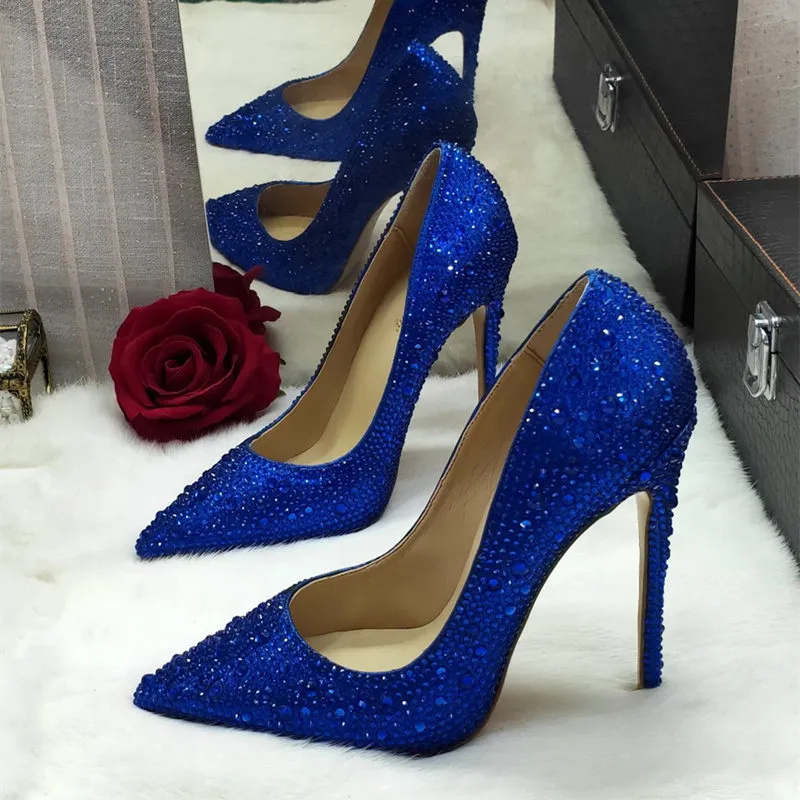 مصمم-مصمم GF أزياء النساء أحذية الأزرق كريستال حجر الراين نقطة تو الخنجر كعب عالية الكعب مضخات العروس أحذية الزفاف الصدرية