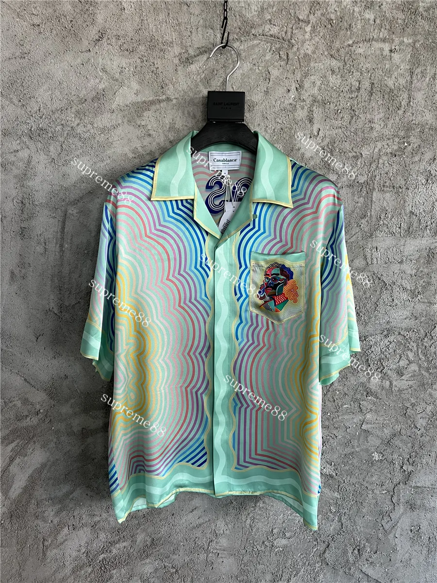Casablanc Masao camicie firmate da uomo per il tempo libero Hawaiian Beach manica corta a righe sfumate camicia stampata in seta con faccia fantasma254d