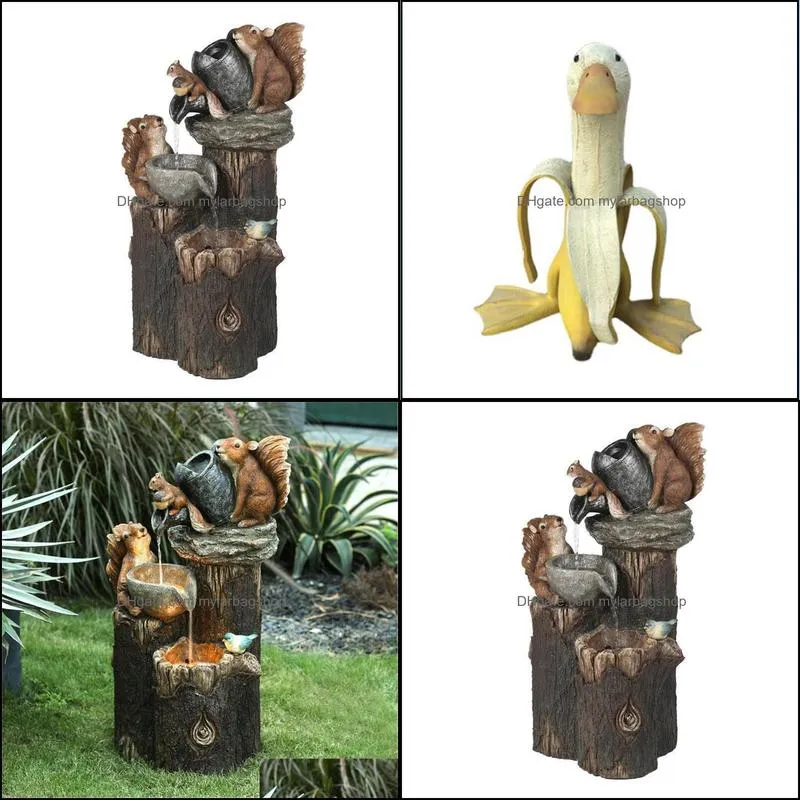 garden decorations solar power resin patio fountain design with led light squirrel decoration outdoor banana simulation