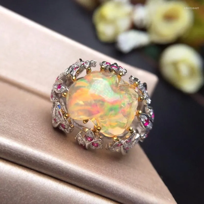 Bagues en grappe Fine Jewelry Real Pure 18 K White Gold AU750 Love 100% Natural Yellow Opal Gemstones 8ct Female For Women Ring Edwi22