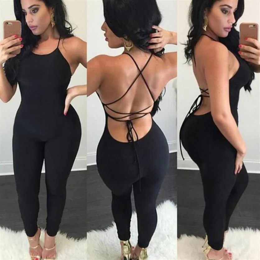 Summer sexy jumpsuits women spaghetti strap women backless hollow out lace-up sleeveless club party jumpsuit female Casual Ladies 213P