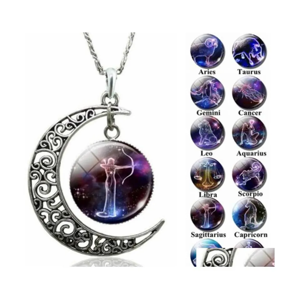 Pendant Necklaces Songda 12 Twee Constellations Crescent Moon Necklace Zodiac Symbol Glow In Dark Luminous Personalized Couple Jewel Dhpjr