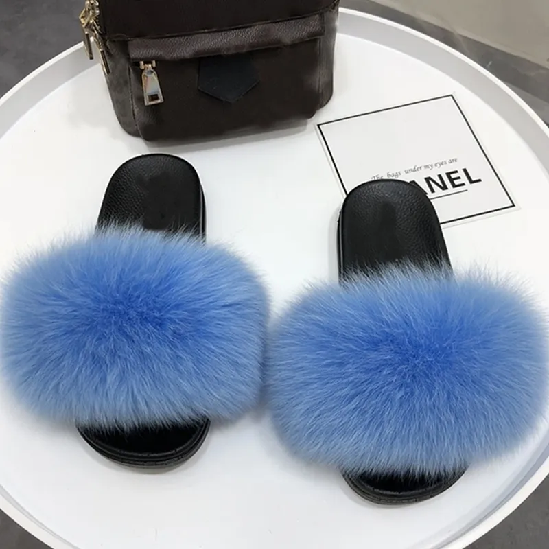 Pantofole in vera pelliccia per la casa Ciabatte soffici Comfort Furry Appartamenti estivi Scarpe da donna dolci Infradito per interni Furry femminili Y200624