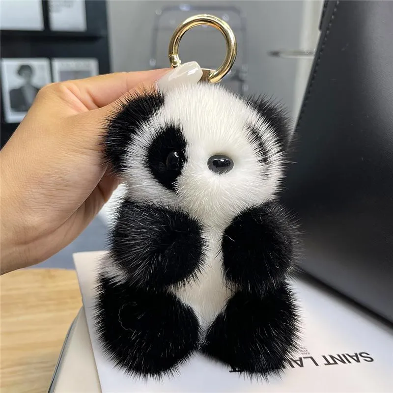 Keychains Cute Real Keychain Plush Panda Pendant Kids Toy Women Bag Charm Trinkets Car Metal Key Rings Rear View Mirror Ornaments