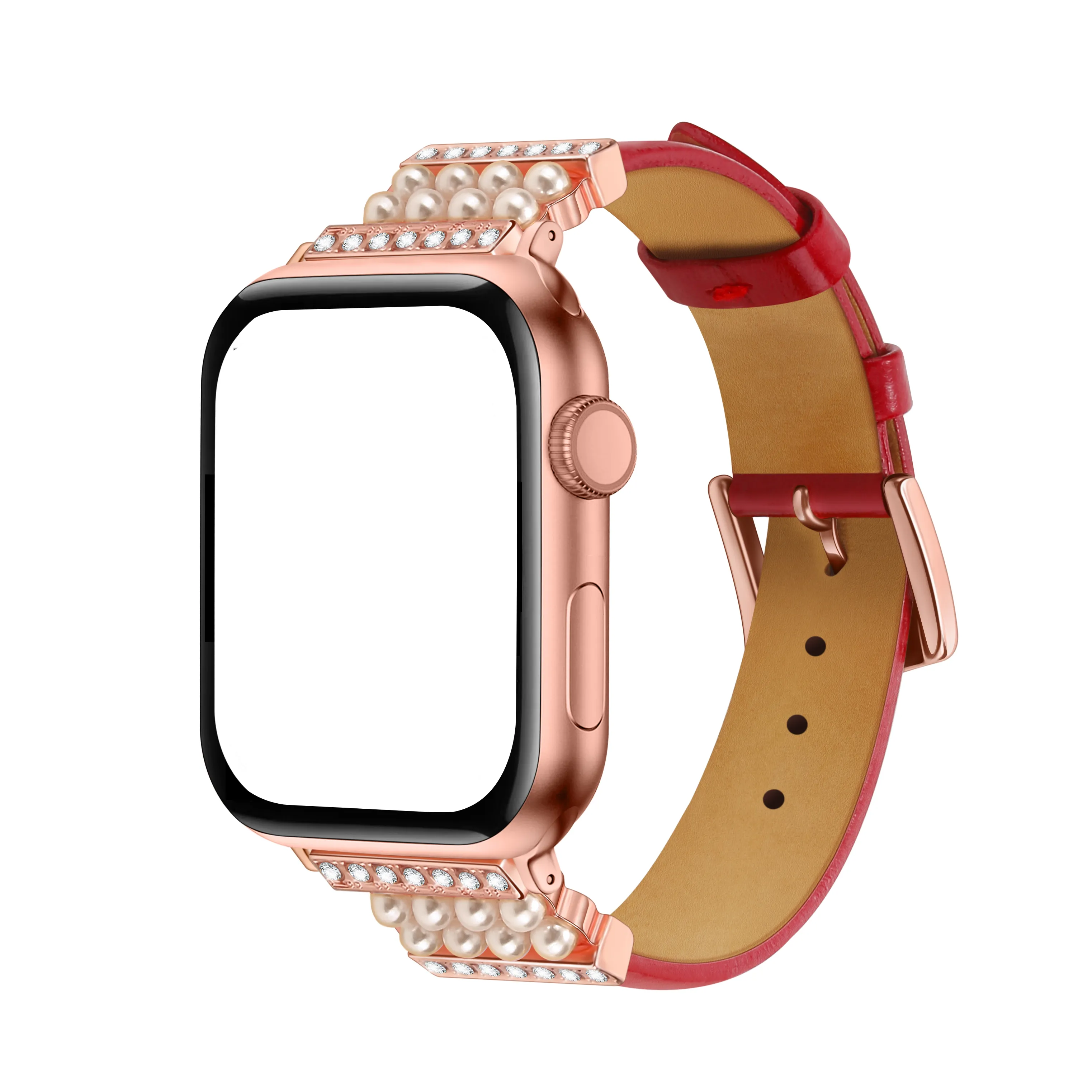 Diamond Studded Pearl Leather Strap For Apple Watch band 41mm 45mm 44mm 42mm 40mm 38mm Luxury Women Wristband Bracelet Iwatch Series 7 6 5 4 SE Watchband Accessories