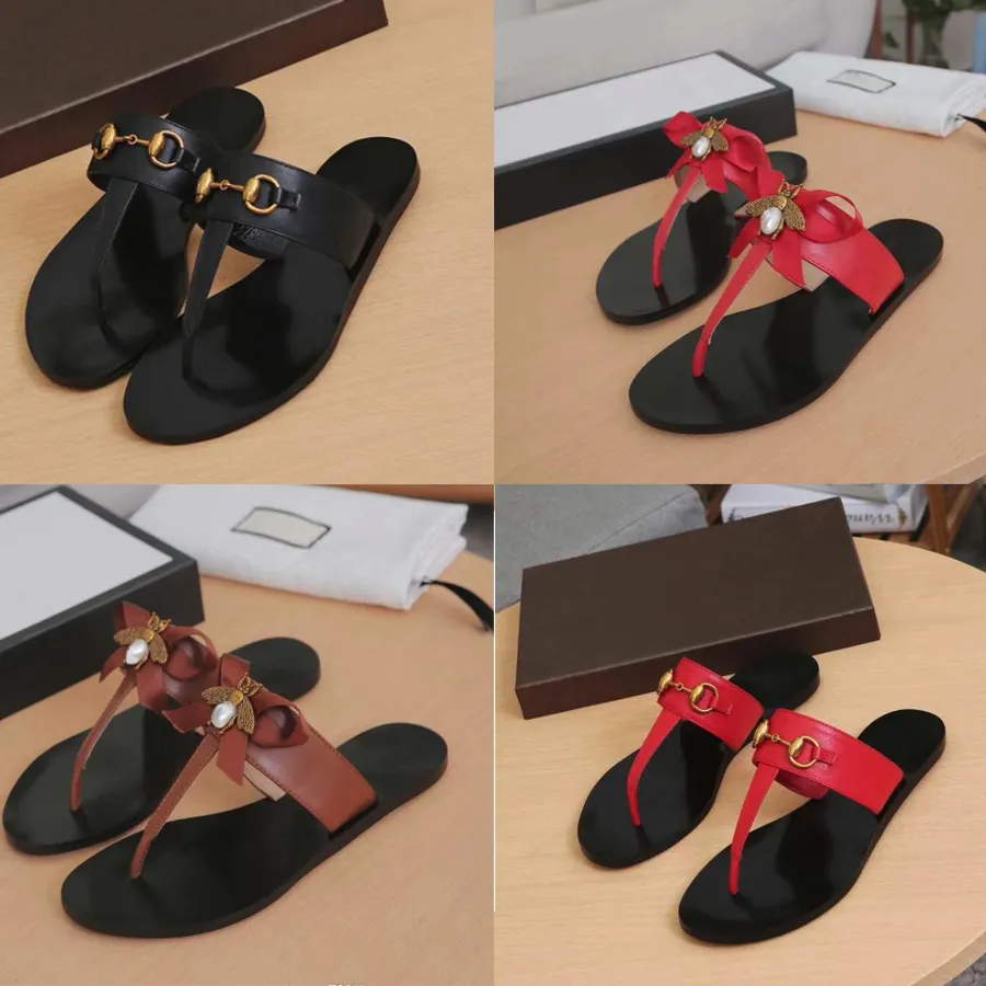 merk designer vrouwen flip flops slipper zomer dia's sandalen luxe vrouwen echt leer metalen bee mooie vlinderdas platte slippers met doos NO4