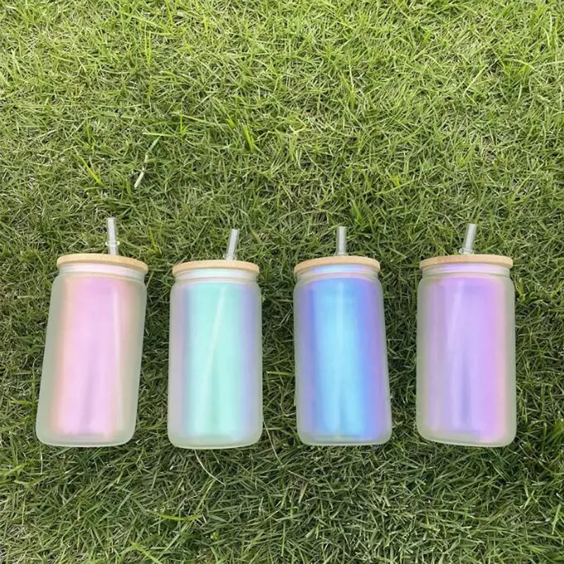 모조리! 목재 뚜껑이있는 승화 반짝이 유리 16oz Shimmer UV 컬러 와인 텀블러 DIY 열전달 맥주 컵 4colors 소화 마시는 머그잔