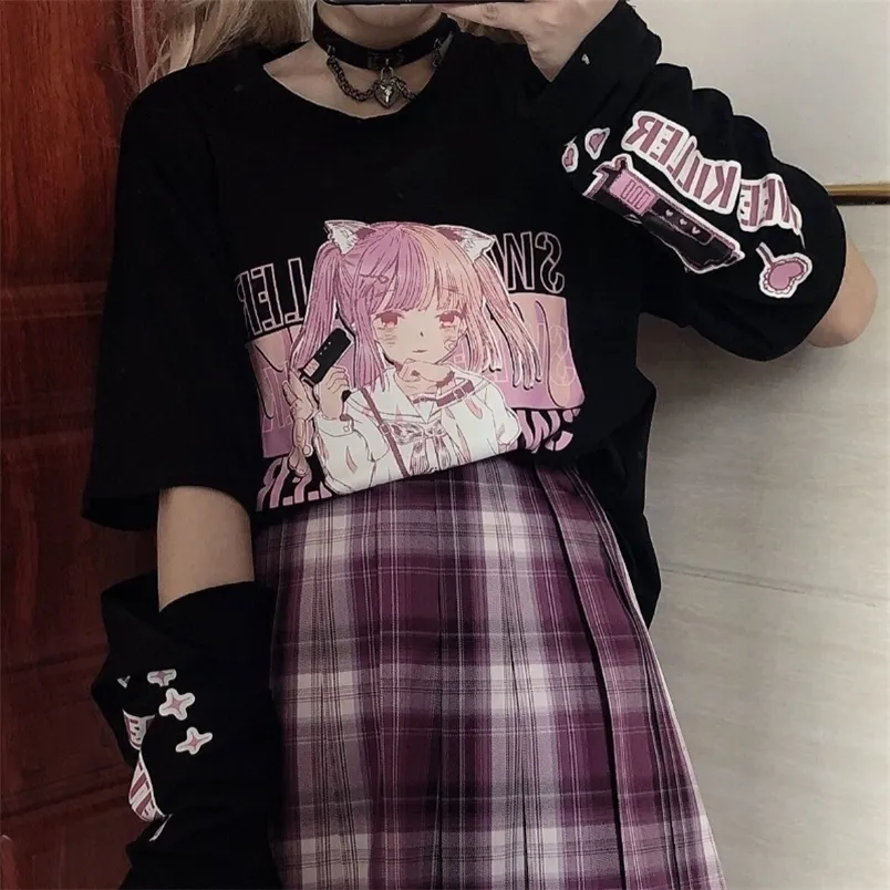 Houzhou Anime Print Graphic T Shirt Kobiet Summer Got Top Mujer Split Sleeves E Girl Y2K Ubrania Estetyczne harajuku kawaii tees 220628