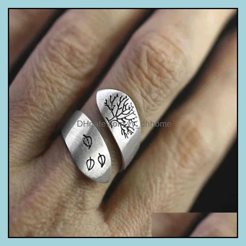 Drawing silver jewelry ringsTechnology Three Leaves Tree of Life Ring