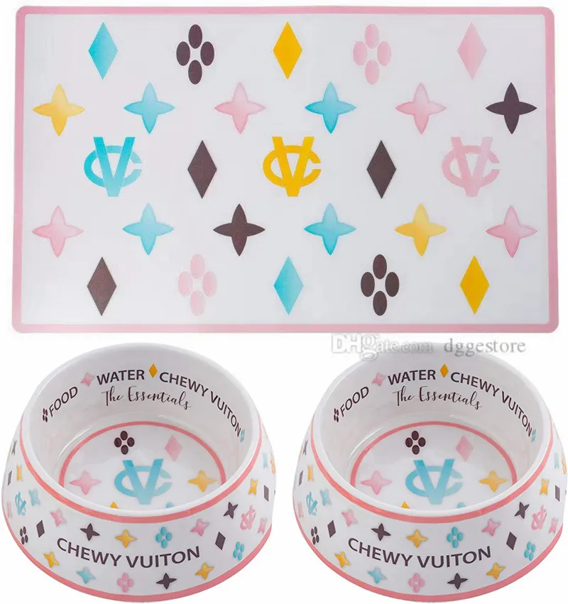 Designer Dog Bowls and Placemats Set Food Grade Non-Skid BPA-Free Chip-Proof Tip-Proof Dishwasher Safe Malamine Bowls with Fun Brand Parody Designs 2 Bowl 23 OZ J01