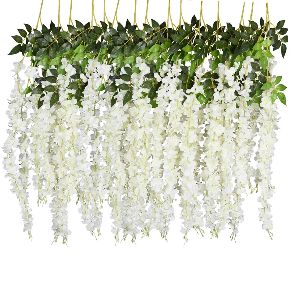 12 PCs 45 polegadas Wisteria Artificial Flower Silk Vine Garland pendurada para festas de festas de casamento Gredeneria ao ar livre Decoração de parede