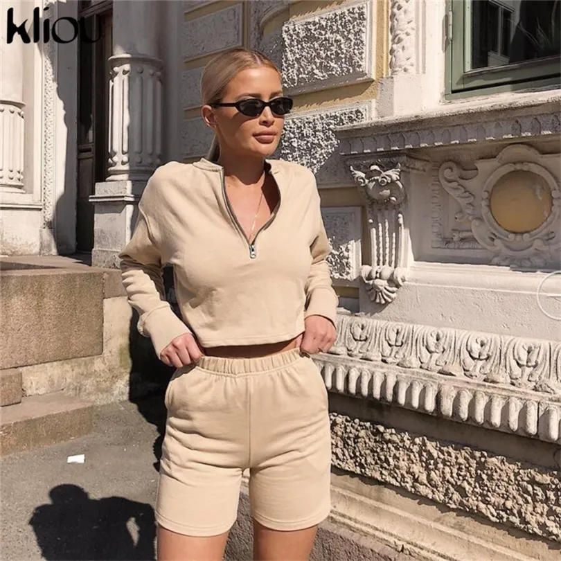 Kliou autumn full sleeve solid color zipper oneck crop top shorts women two pieces sets fitness sporting workout tanksuits T200325