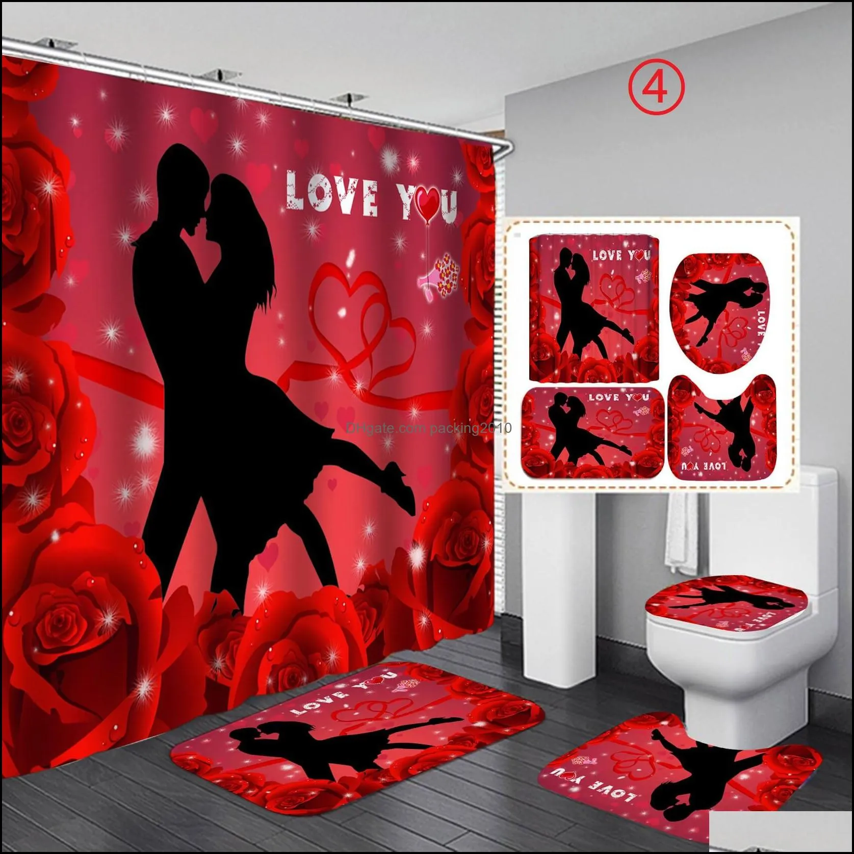 4 Pcs Bathroom Sets Shower Curtain Set Toilet Cover 180X180CM Toilet Seat Covers Floor Mat for Valentine