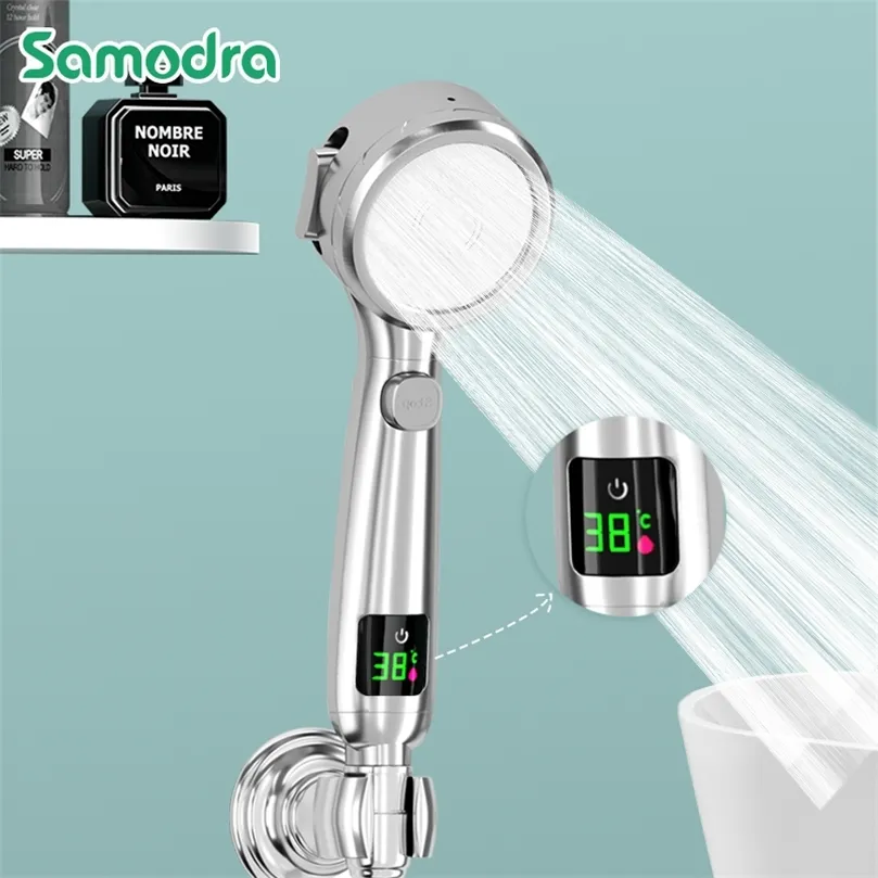 サモドラ温度ディスプレイシャワーヘッドハンドヘルド充電なしバスルーム高圧節約4モードシャワーヘッド220525