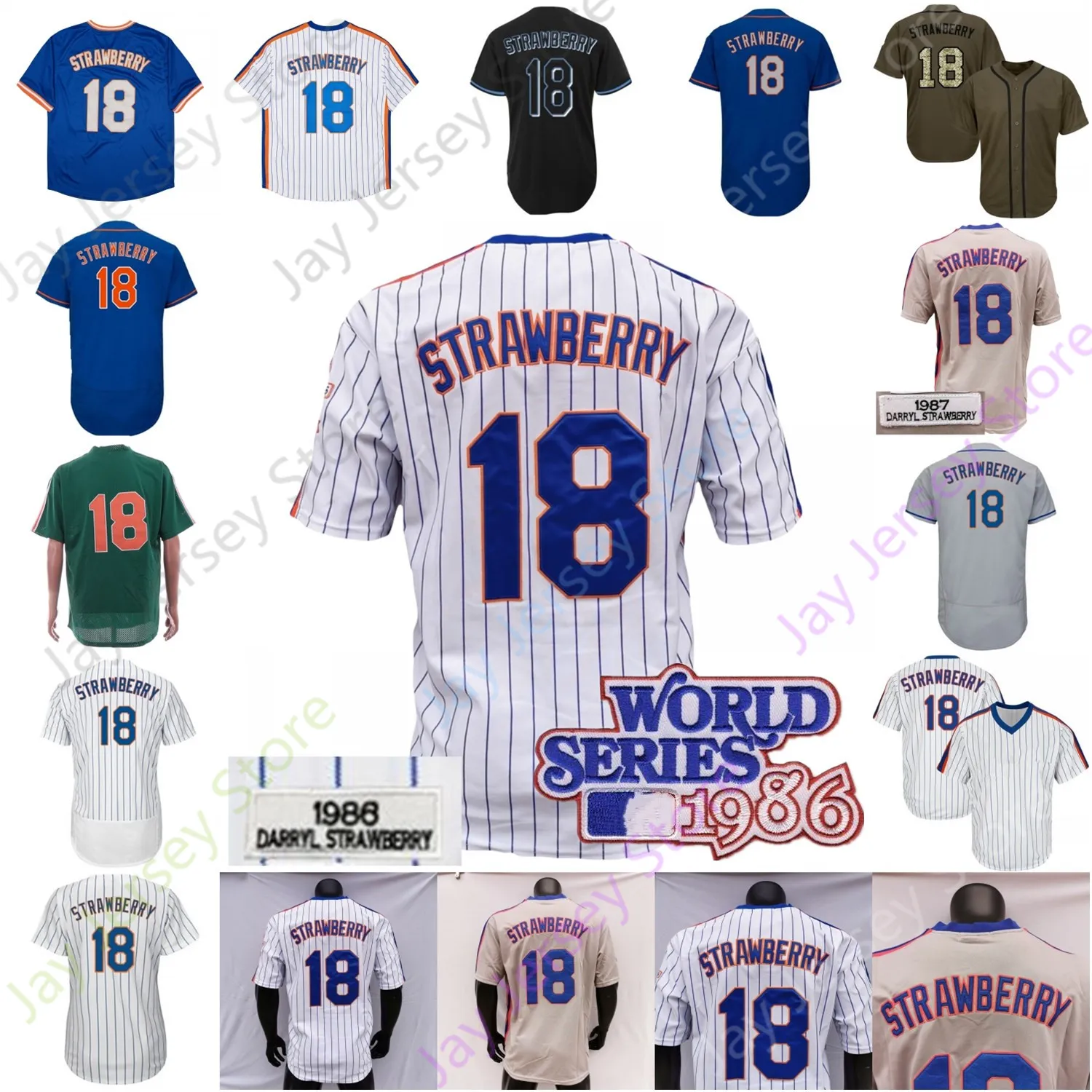 Koszulki baseballowe Darryl Strawberry Jersey Vintage 1986 WS Patch Home Away Białe prąż na niebiesko -zielony szary czarny czarny wszystko zszyta