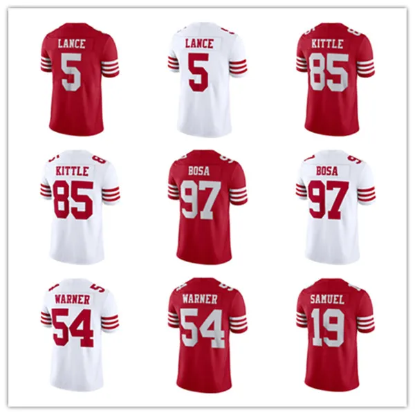 2022 piłka nożna George Kittle 85 Nick Bosa 97 Deebo Samuel 19 Trey Lance 5 Warner 54 Joe 16 Rice 80 Jersey czerwony biały czarny 49 szyte koszulki w nowym stylu