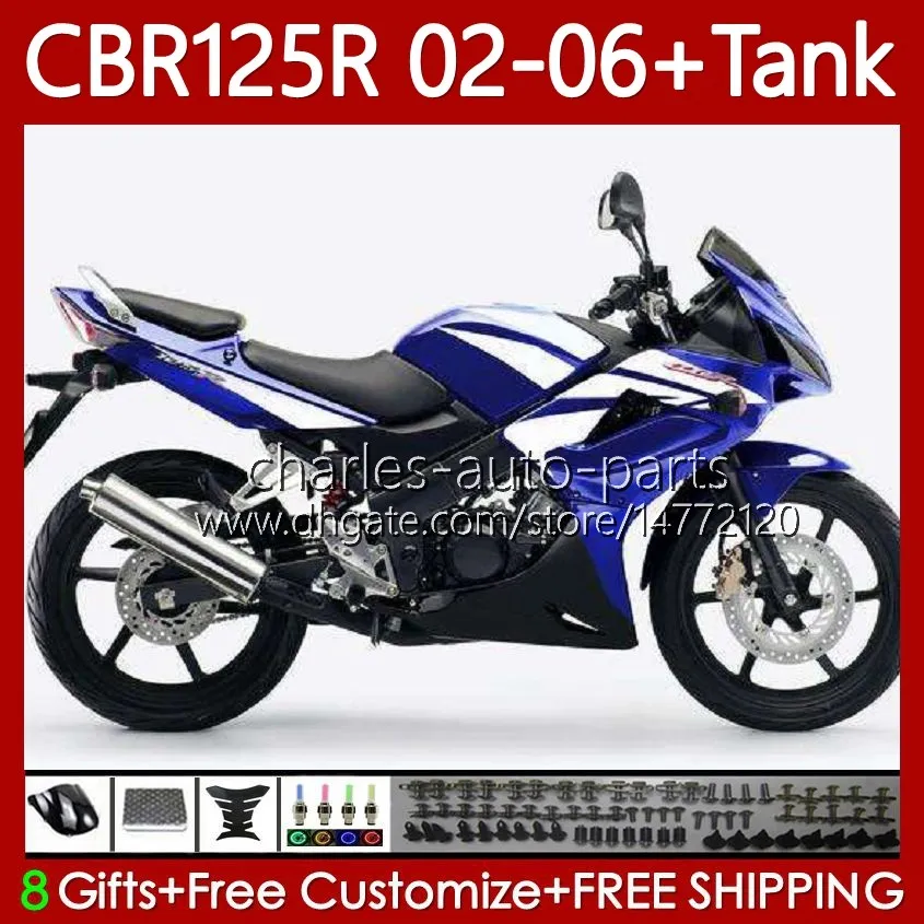 Кузов + крышка бака для Honda 125CC CBR-125R CBR 125 R CC CBR125R 02 03 04 05 06 Body 124No.77 CBR-125 белый синий CBR 125R 2002 2003 2004 2005 2006 CBR125RR 02-06 обтекатель