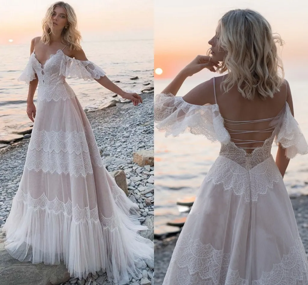 Boho Summer A Line Wedding Suknia 2022 Koronki z dekoltem w V-Neck z ramion bez pleców ślubnych sukien ślubnych szat Mariage vestidos de noiva