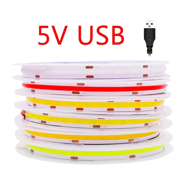 5V LED 코브 스트립 조명 USB 고밀도 선형 조명 320LED 유연성 테이프 조명 따뜻한 천연 흰색 흰색 빨간색 푸른 녹색 얼음 블루 핑크