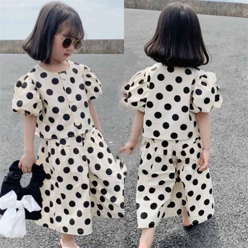 Summer Girls 'Clothing Set Fashion Single-Breasted Polka Dot Shirt Top Culottes Baby Kids Cloth Children 220507