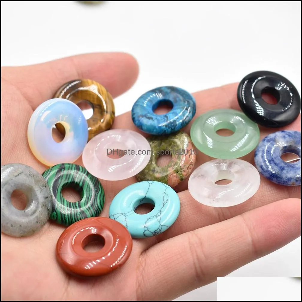 الفنون والحرف 25 ملم تنوع بلورات الحجر الطبيعي Gogo Donut Charms Rose Quartz Beads for Lucky Jewelry Making Sports2010 DH2ES