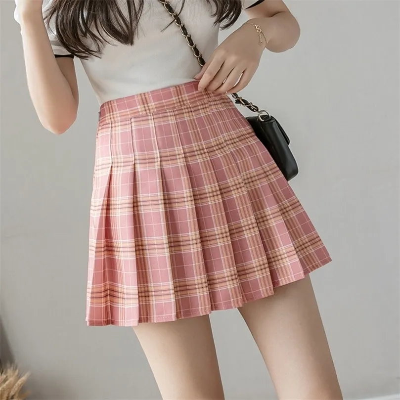Festy Kary мода летние женщины юбка высокая талия Kawaii сладкий корейский стиль плед для девушек плиссированные мини S 220317