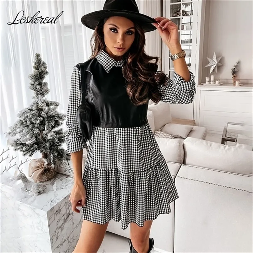 Casual Long Sleeve Mini Shirt Dress For Women White Spring PU Leather Patchwork Plaid Woman Dresses Clothing Femme Robe 220406