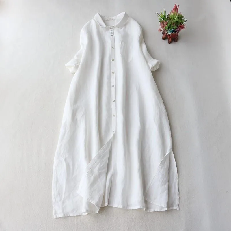 Chemisiers pour femmes Chemises Vintage Chemise longue Robe Femmes Simple Lâche D'été Lin Revers Trois Quarts Manches Noir Blanc Vêtements Décontractés