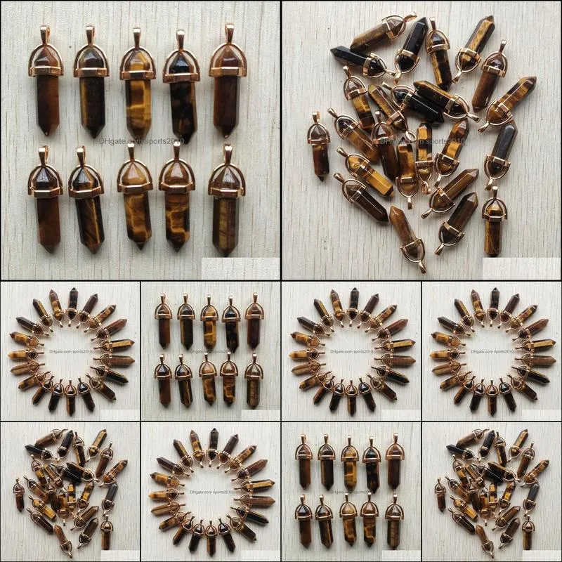 good quality natural tiger eye stone charms golden alloy pillar shape chakra pendant for jewelry making wholesale