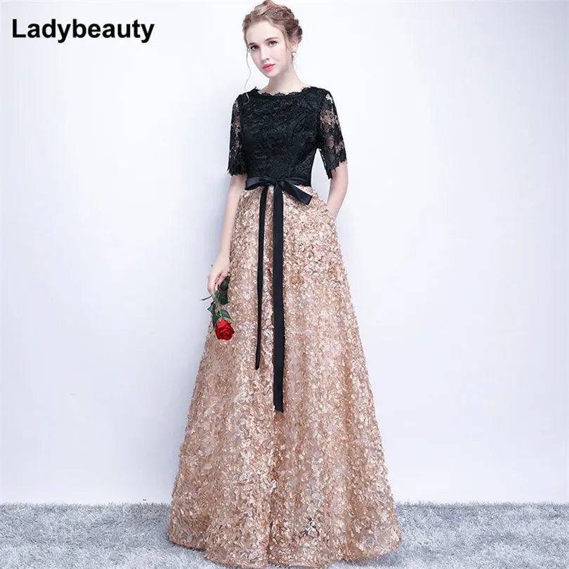 Ladybeauty Vintage Black ALine Lace Long Evening Dresses Half Sleeves Beaded scoop neck long appliques evening dress prom dress 201114