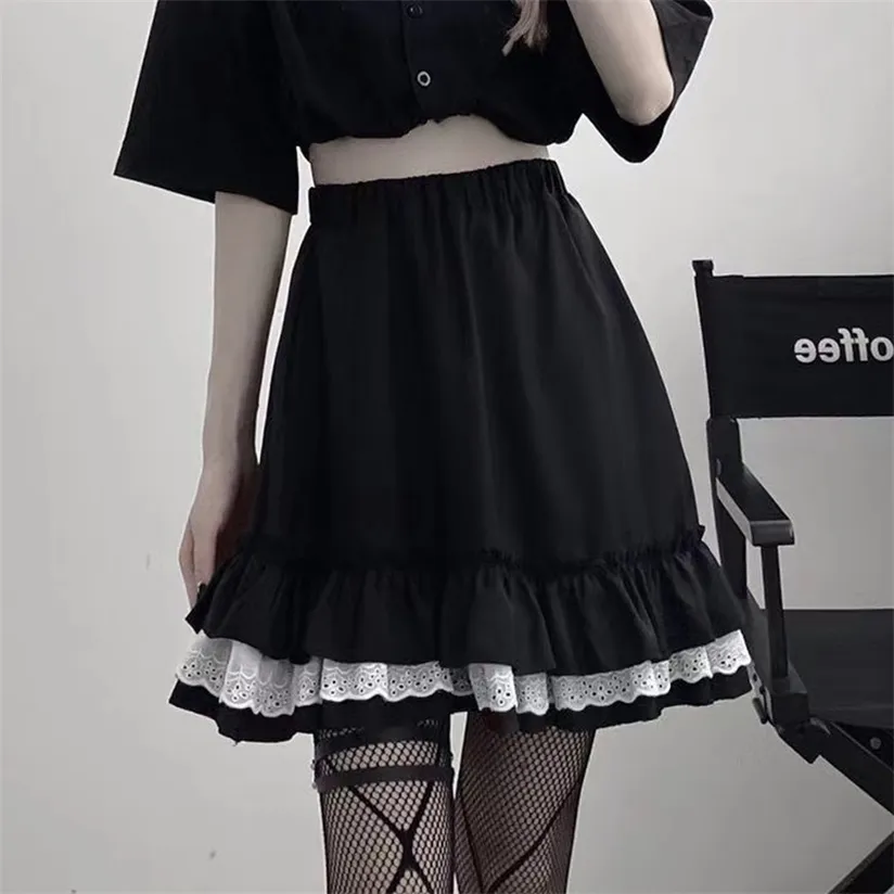 Houzhou Alışveriş Merkezi Goth Gotik Dantel Fırfır Mini Etekler Harajuku Peri Grunge Siyah Pileli Etek Japon Lolita Streetwear 220322