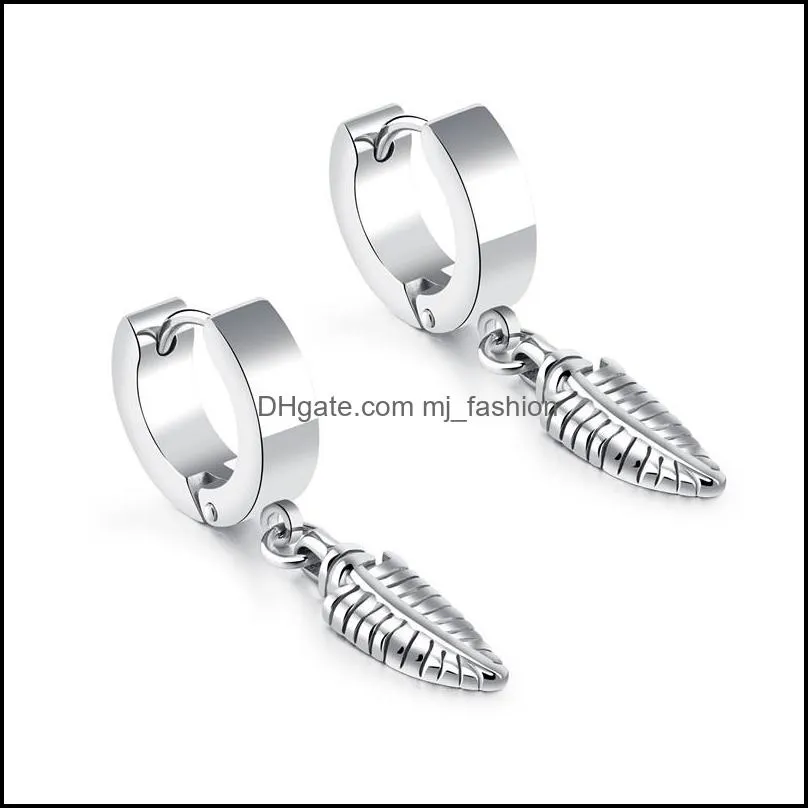 stainless steel stud earrings for men women feather hinged hoop huggie earring punk rock hypoallergenic hip hop ear jewelry