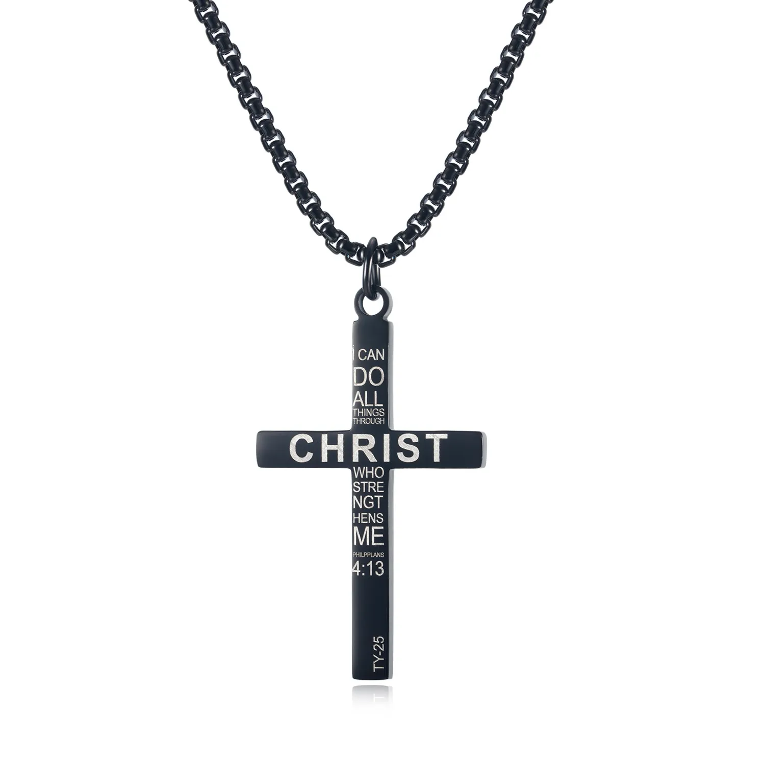 Filippinerna 4:13 Cross Pendant Christ Bible Vers Charm rostfritt stålhalsband för män Rolo Chain 3mm 24 '' Svart