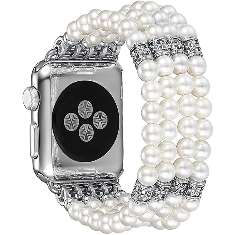 Kvinnor smycken rostfritt stål rem Apple Watch Band 4 3 Pearl Diamond Armband för iWatch Bands SE 6 5 38-44mm FHX-11BD