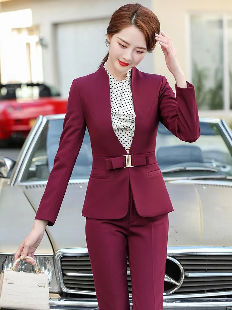 Womens Pant Suit Red Elegant Office Lady Blazers Jacket Two Pieces Set Work  Wear