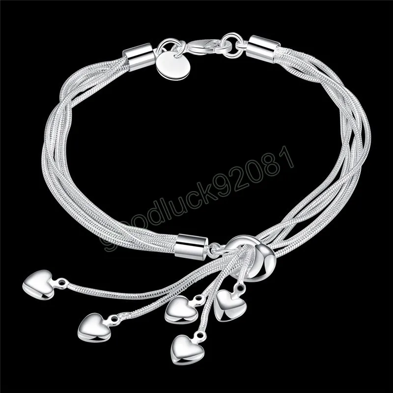 Bracelets en argent 925, chaîne en os de serpent, cœur suspendu pour femmes, cadeaux de fête de mariage, bijoux à la mode de haute qualité, 20cm