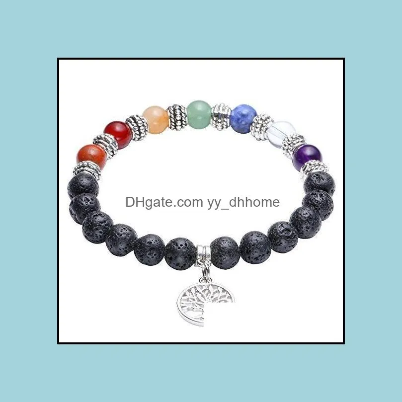 JLN Chakra OM Charm Bracelet Yoga Healing Seven Color Meditation Life Tree Mala Prayer Lava Gemstone Beaded Stretch Bracelet For Man