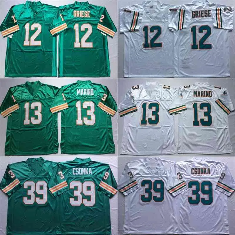 Rare Bob Griese Jersey Dan Marino Larry Csonka Blanc Vert Haute Qualité Collège Rétro Football Maillots Cousu Hommes