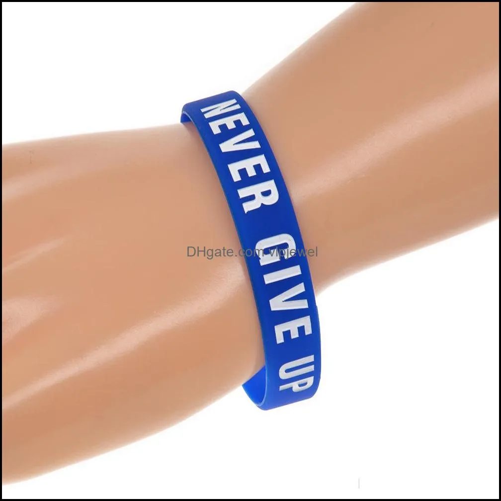 Fashion Never Give up Letter Silicone bracelets For women men Sports Inspirational Wristband Bangle Fashion Jewelry in Bulk