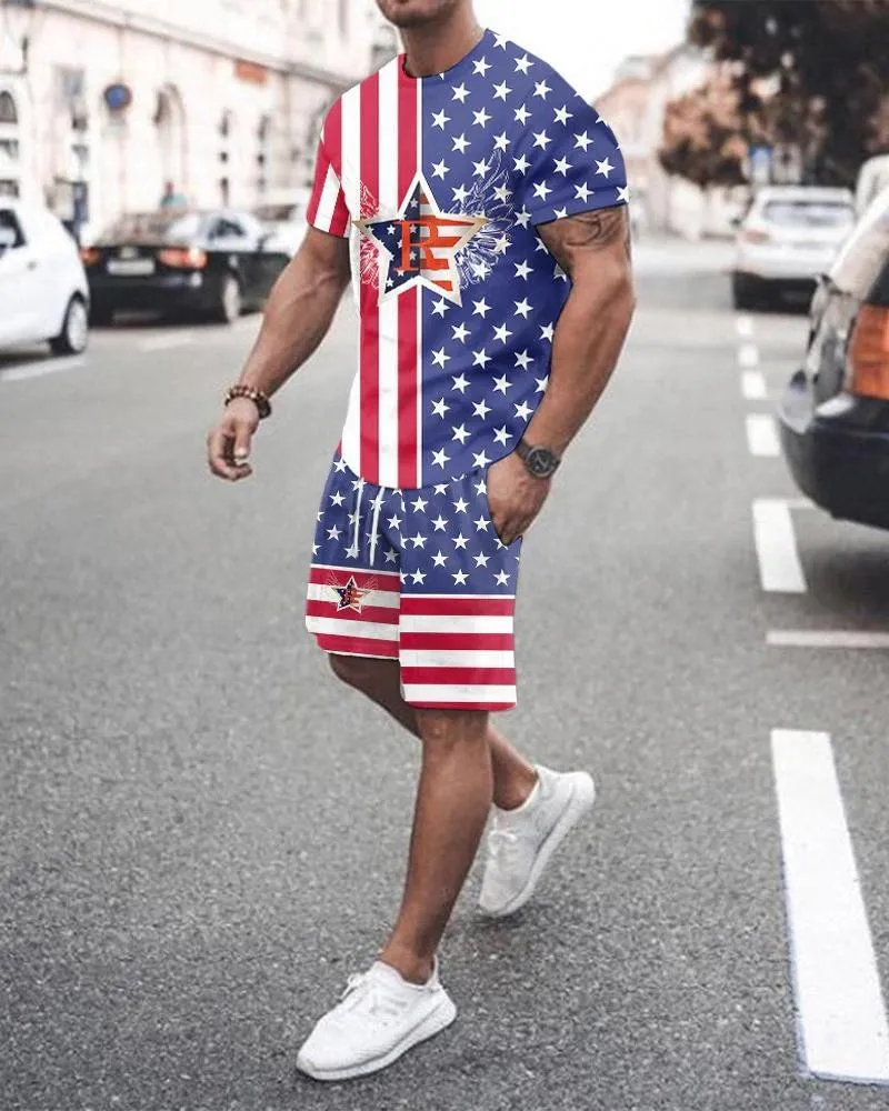 Мужские спортивные костюмы мужской спортивный костюм Summer Fashion American Flag футболки с короткими рукавами 2 шт.