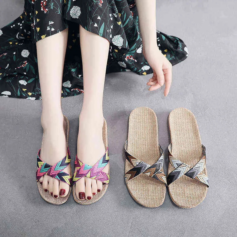 Suihyung Bohemia Linen Slippers For Men Women Cross-tied Flax Slippers Casual Slides Beach Sandals Summer Indoor Home Flat Shoes G220518