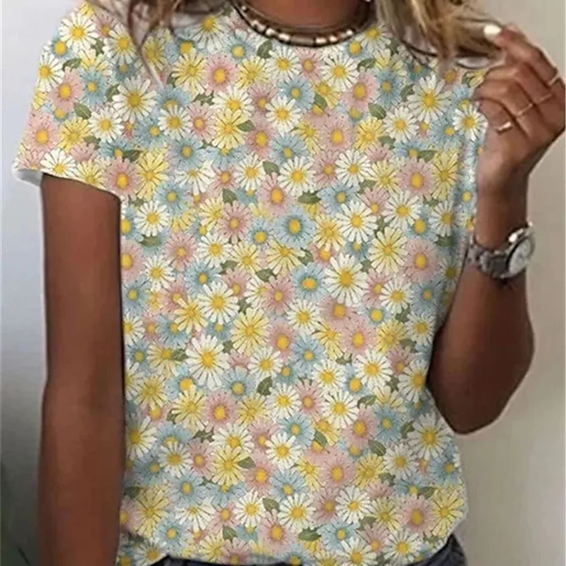 Womens Flower Theme TShirt Summer Floral Botanical Print TShirt Girocollo Basic Womens Top Giallo Stampa 3D 220530