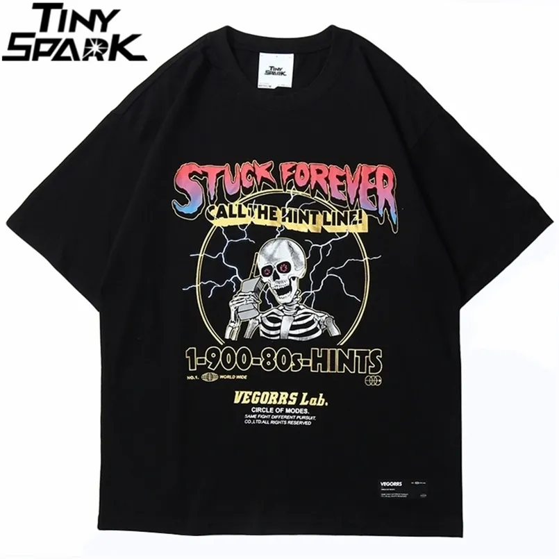 Hip Hop T-shirt Mannen Streetwear Print Bliksem Schedel T-shirt Harajuku Zomer Tops Tees Korte Mouw Katoen Zwart T-shirt 220621