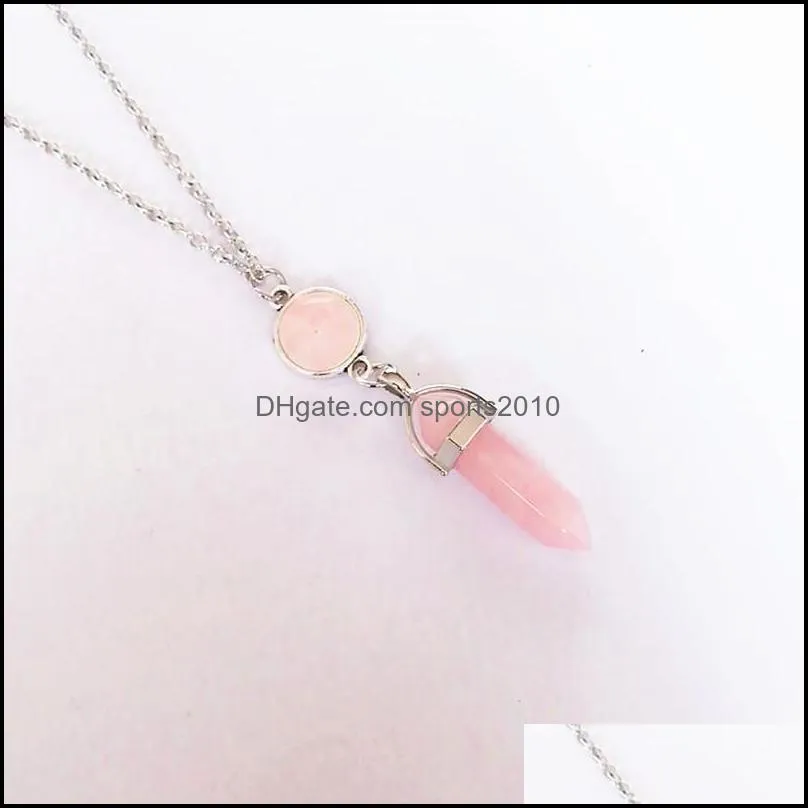 hexagonal prism reiki healing natural stone pendant necklace chakra amethyst pink rose crystal stainless steel chain necklaces women