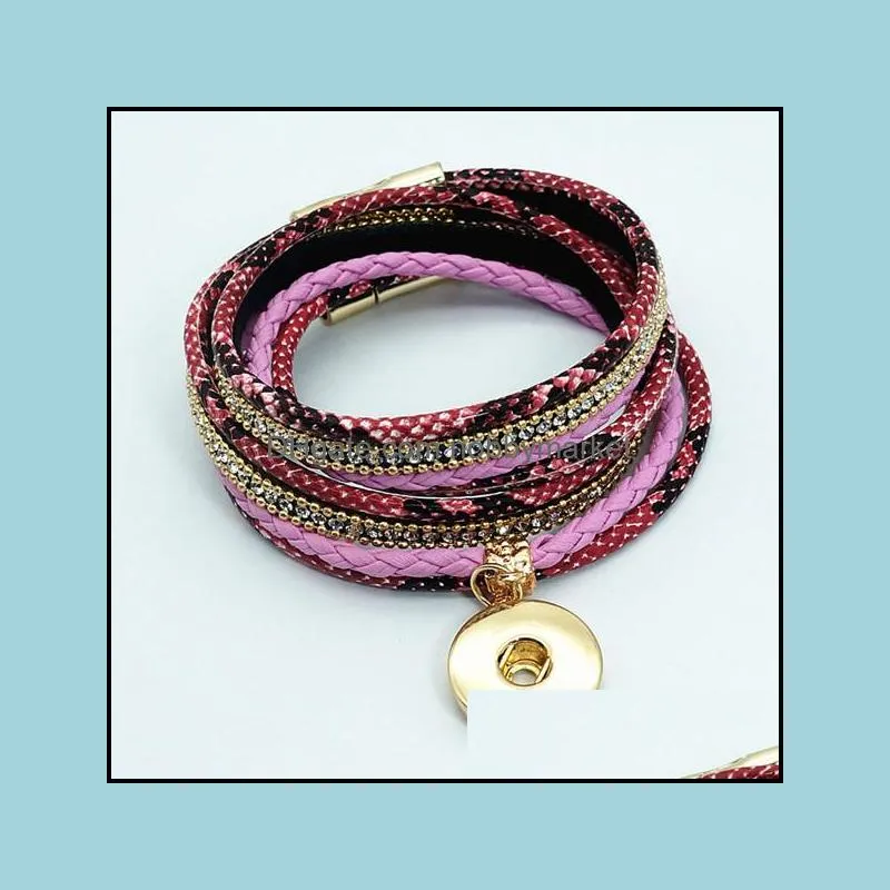 New Se0183 Colorful Beauty Serpentine Multi Layers Leather Snap Bracelet 38cm Golden Buttons Fit 18mm Snap Buttons Snap Jewelry