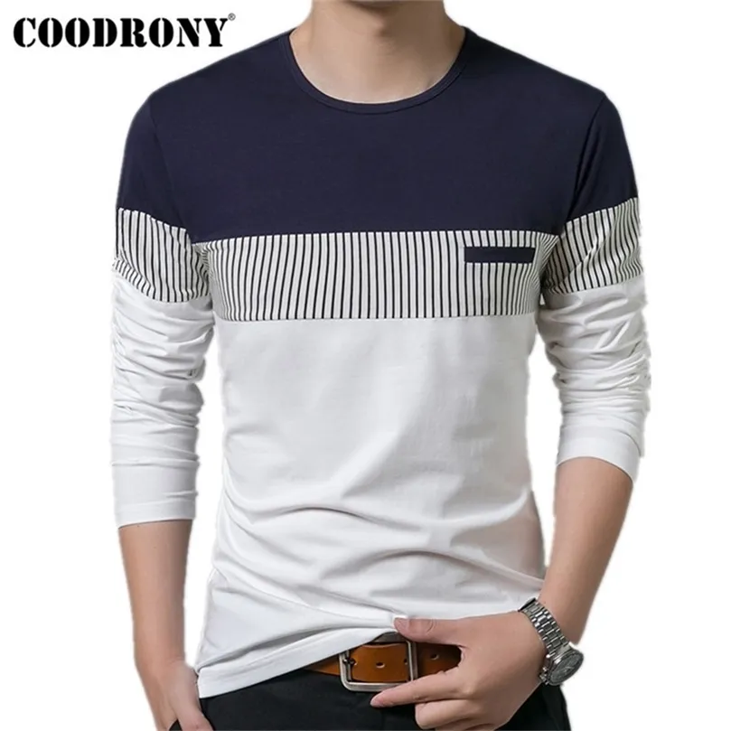 Coodrony T Shirt Erkekler Bahar Sonbahar Uzun Kollu O boyun T Shirt Mark Marka Giyim Moda Patchwork Pamuk Tee Tips LJ200827